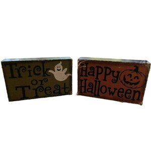 HAPPY HALLOWEEN Burlap wood signs decor trick or treat holiday shelf